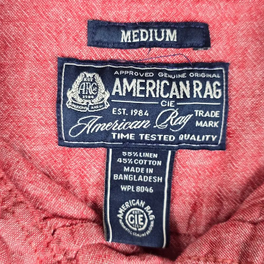 American Rag Cie Mens Medium Red Linen Blend Short Sleeve Button Down Shirt - Picture 9 of 12